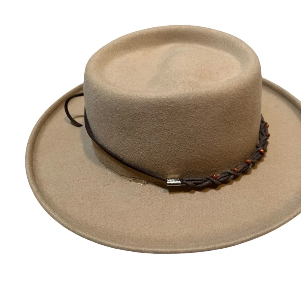 Vintage Coldwater Creek Womens One Size Light Brown Hat Braided Beaded 100% Wool